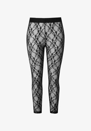 Černé krajkové legíny s elastickým pasem, složitými květinovými vzory a přiléhavým střihem s průsvitnou texturou.