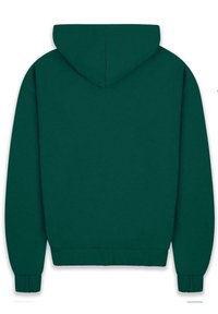 Green hooded sweatshirt, soft fabric, ribbed cuffs and hem, relaxed fit, seamless hood, minimal detailing on the back.
