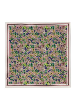 Vierkante roze sjaal met dicht meerkleurig bloemenpatroon en dunne witte, bruine en roze randen.