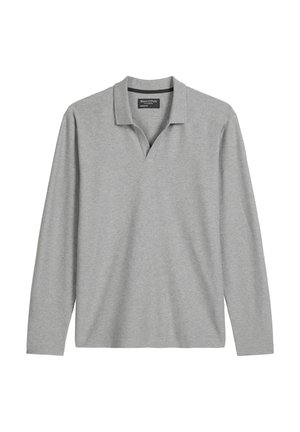 Grijs longsleeve polo shirt van zachte stof, met een V-hals, een twee-knopen boord en een minimalistisch ontwerp. Geen patronen of accenten.