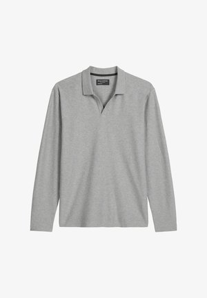 Grijs longsleeve polo shirt van zachte stof, met een V-hals, een twee-knopen boord en een minimalistisch ontwerp. Geen patronen of accenten.