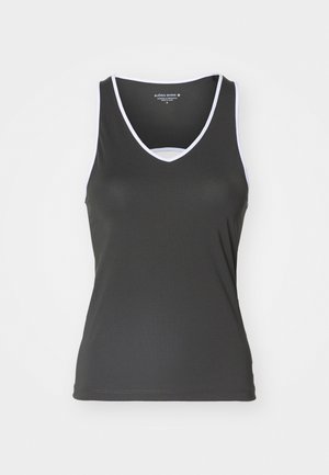 Svart tanktop med v-hals og utskjæringsdetaljer. Har hvit trim langs halslinjen og armhullene. Laget av glatt, elastisk stoff.
