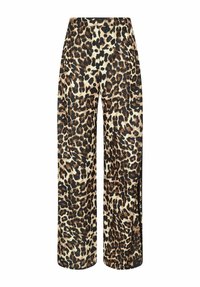 Pantalons larges en tissu doux avec un motif léopard, présentant un mélange de taches brunes et noires sur un fond clair, avec des fentes latérales.