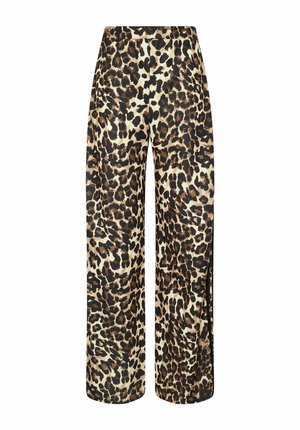Pantalons larges en tissu doux avec un motif léopard, présentant un mélange de taches brunes et noires sur un fond clair, avec des fentes latérales.
