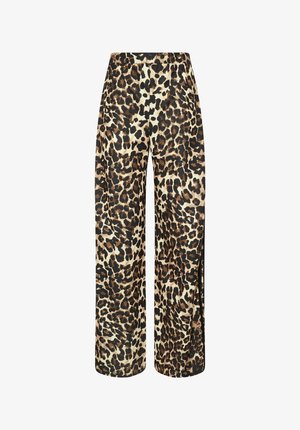 Leopardprint wijdpijperbroeken van zachte stof, met een mix van bruine en zwarte vlekken op een lichte achtergrond, voorzien van zijsplitten.