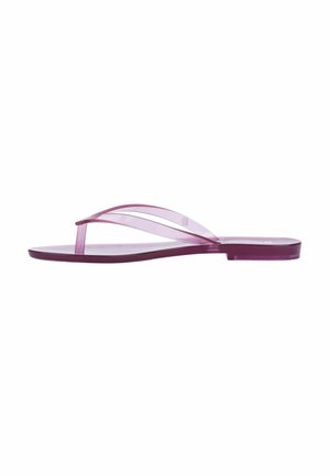 Chanclas translúcidas de color púrpura con un diseño minimalista. Presentan tiras delgadas y una suela plana con la parte inferior texturizada para mayor agarre.
