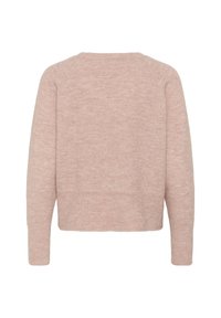 Pull en maille rose clair à manches longues avec poignets et ourlet côtelés, vu de dos sur fond blanc.