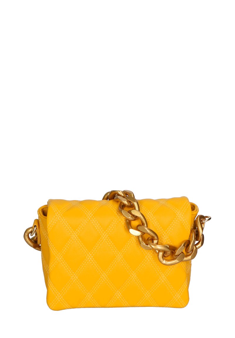 Yellow quilted leather handbag with a fold-over flap, featuring a large gold-tone chain strap and diamond pattern stitching details.