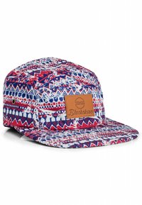 Five-panel cap with a colorful geometric pattern in red, blue, and white. Features a brown leather label with embossed logo.