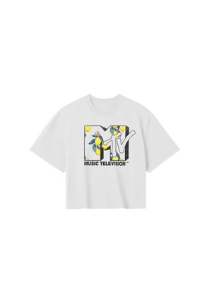 Witte katoenen oversized t-shirt met een kleurvol MTV-logo met bloem-elementen en de tekst "MUSIC TELEVISION" in het zwart. Korte mouwen.