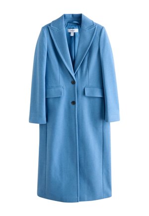 Long light blue wool coat with wide lapels, two-button front closure, and flap pockets, displayed flat on a white background.