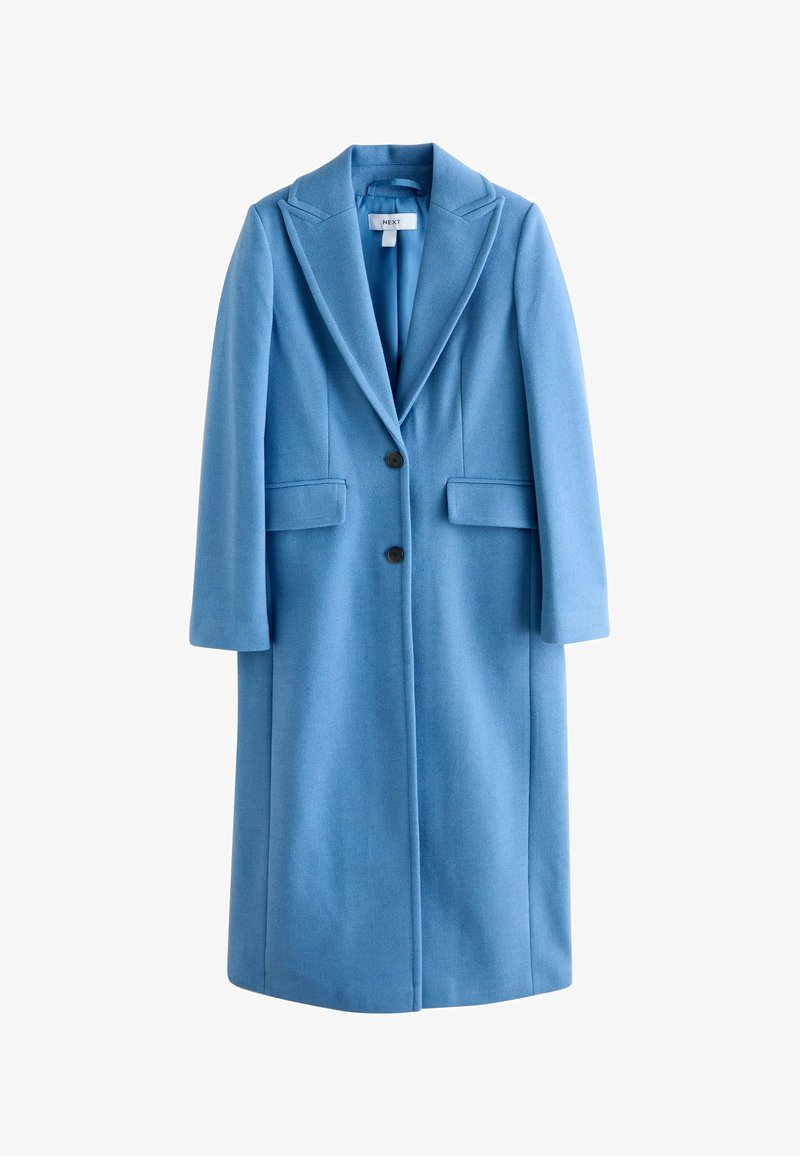 Long manteau en laine bleu clair avec larges revers, fermeture devant à deux boutons et poches à rabats, présenté à plat sur fond blanc.