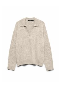 Jasnoszara, dziergana sweter z dekoltem w serek i miękką teksturą. Posiada długie rękawy i lekko skrócony dół. Prosty, uniwersalny design.