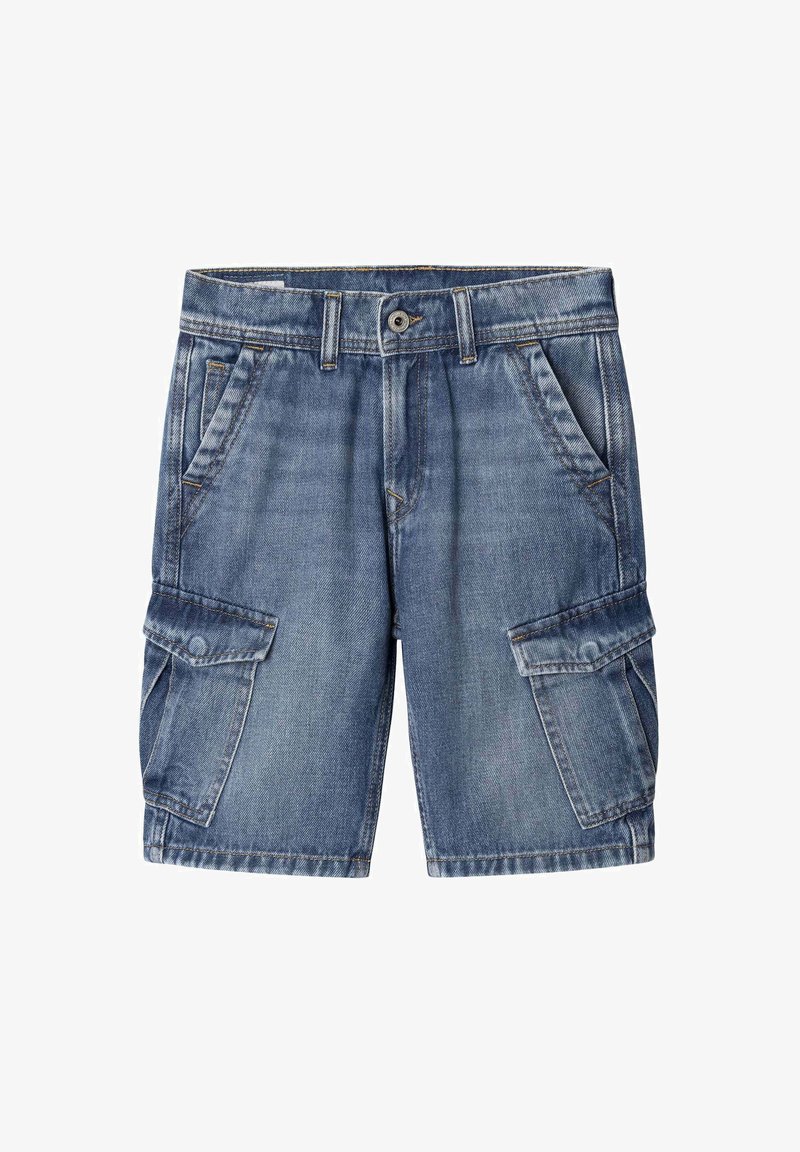 Mėlynos džinsinės šortai su dviem šoninėmis kišenėmis ir dviem cargo kišenėmis, su mygtuko uždarymu ir diržo kilpos.