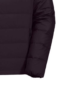 Giacca imbottita viola con design trapuntato, dotata di una tasca con zip e polsini elastici, realizzata in un tessuto liscio e resistente all'acqua.