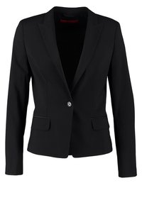 Blazer noir pour femmes, cintré, avec une fermeture par un bouton, des revers crantés, des manches longues et deux poches avant à rabat.