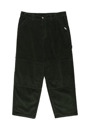 Dark green corduroy trousers with a loose fit, featuring a button closure, side pockets, and horizontal seam details.