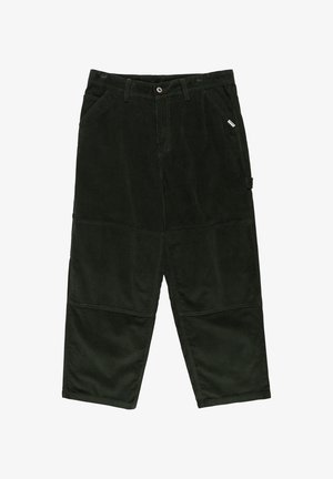 Tmavo zelené kordové nohavice s voľným strihom, so zapínaním na gombík, bočnými vreckami a horizontálnymi švovými detailmi.