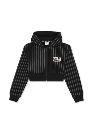 Sort cropped hættetrøje med lynlås med hvide lodrette nålestriber og lyserødt FILA-logo på brystet, med ribbet manchetter og kant.