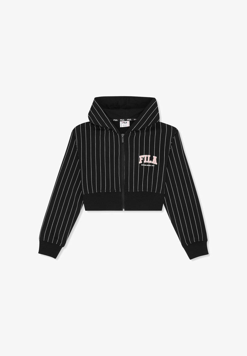 Sweat à capuche noir court zippé avec fines rayures verticales blanches et logo FILA rose sur la poitrine, doté de poignets et d'un ourlet côtelés.