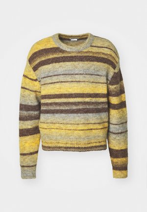 Maglione a righe con scollo rotondo, in sfumature di giallo, grigio e marrone. Realizzato in un tessuto a maglia testurizzato, con maniche lunghe.