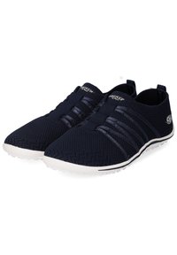 Navy blue athletic shoes with a mesh upper and elastic bands, featuring a white rubber sole and textured detailing.
