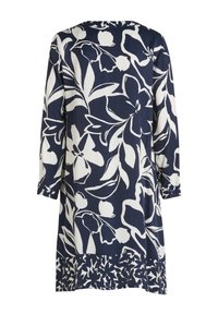 Kleid mit Blumenmuster auf navyfarbenem Hintergrund und großen weißen Blumen. Lange Ärmel und ein Saum mit einem kleineren Blumenmuster.