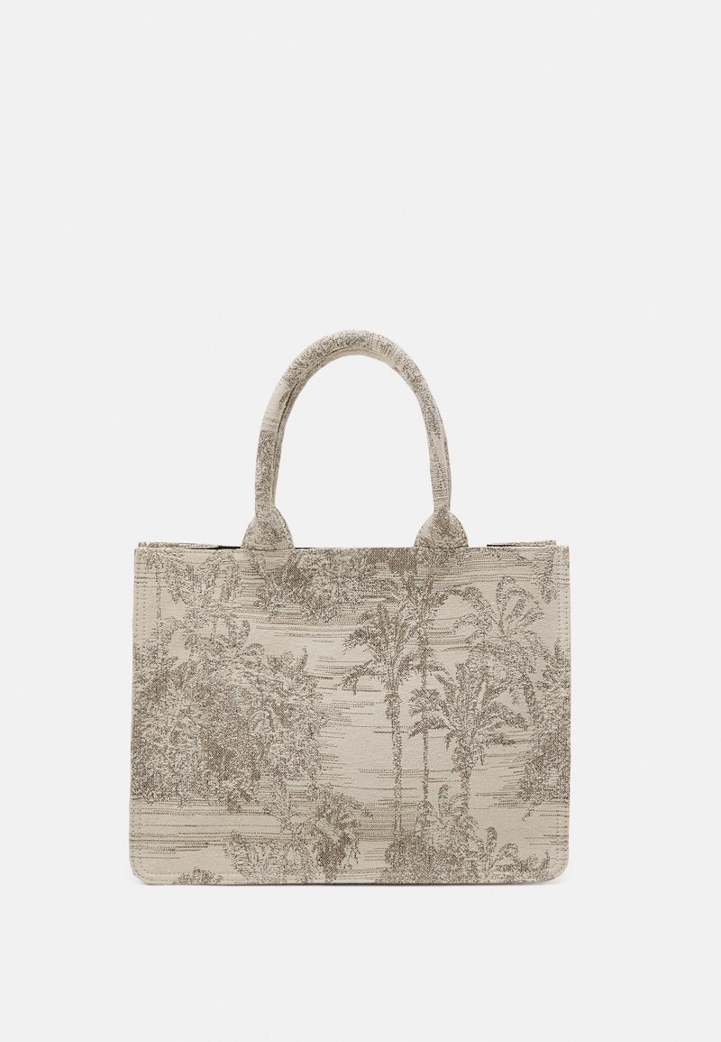 Sac à main rectangulaire beige avec deux poignées arrondies et un motif botanique marron détaillé sur matériau en tissu.