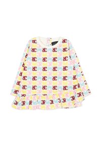 Abito da bambina a maniche lunghe color crema con un motivo a griglia colorato di quadrati rosa, gialli, menta e borgogna, caratterizzato da un orlo arricciato.