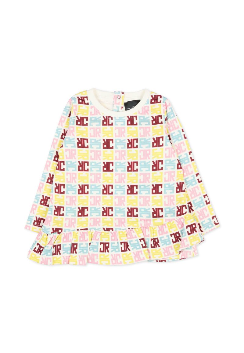 Abito da bambina a maniche lunghe color crema con un motivo a griglia colorato di quadrati rosa, gialli, menta e borgogna, caratterizzato da un orlo arricciato.
