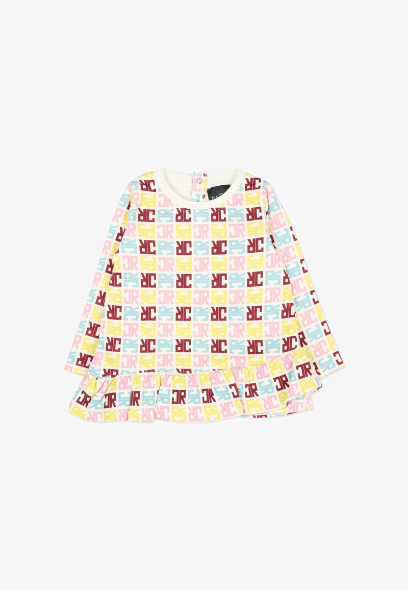 Abito da bambina a maniche lunghe color crema con un motivo a griglia colorato di quadrati rosa, gialli, menta e borgogna, caratterizzato da un orlo arricciato.