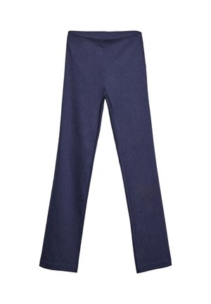 Marineblaue gerade geschnittene Hose mit einer figurschmeichelnden Taille, aus einem glatten Stoff gefertigt, vor einem weißen Hintergrund dargestellt.