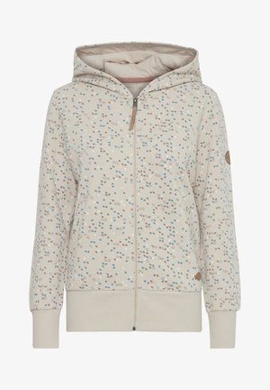 Gai krēms krāsas zip-up kapuce ar kapuci, ar daudzkrāsainu punktu rakstu zilā, brūnā un baltā krāsā. Ribota aproce un apakša.