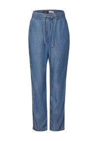 Pantaloni in denim azzurro chiaro con cintura elastica e stringa di regolazione. Design a gamba dritta con una texture liscia e senza motivi o accentuazioni visibili.
