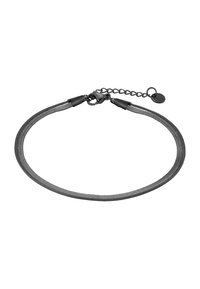 Collier ras du cou en métal avec un design en maille noire texturée, comprenant un fermoir et une chaîne ajustable avec un petit pendentif circulaire.