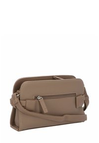 Braune Handtasche aus Leder mit strukturiertem Finish, Reißverschluss-Vordertasche und verstellbarem Schulterriemen. Kompakte rechteckige Form.