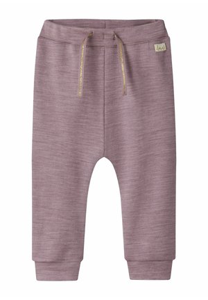 Pantalon de jogging mélangé violet avec taille à cordon de serrage et accents dorés, doté de poignets élastiques et d'un tissu doux et texturé.
