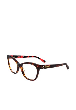 Occhiali da vista cat-eye tartarugati con aste interne rosse e nere, logo dorato "LOVE MOSCHINO" sulla stanghetta.