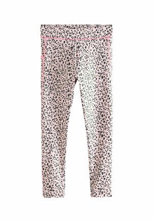Pink leggings med et sort leopardprint mønster, med sort piping langs sidesømmene, lavet af et strækbart stof for komfort.