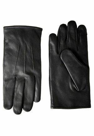 Sorte læderhandsker med en glat overflade, der har tre lodrette sømme på bagsiden og et design med en enkelt tommelfinger og fire fingre.