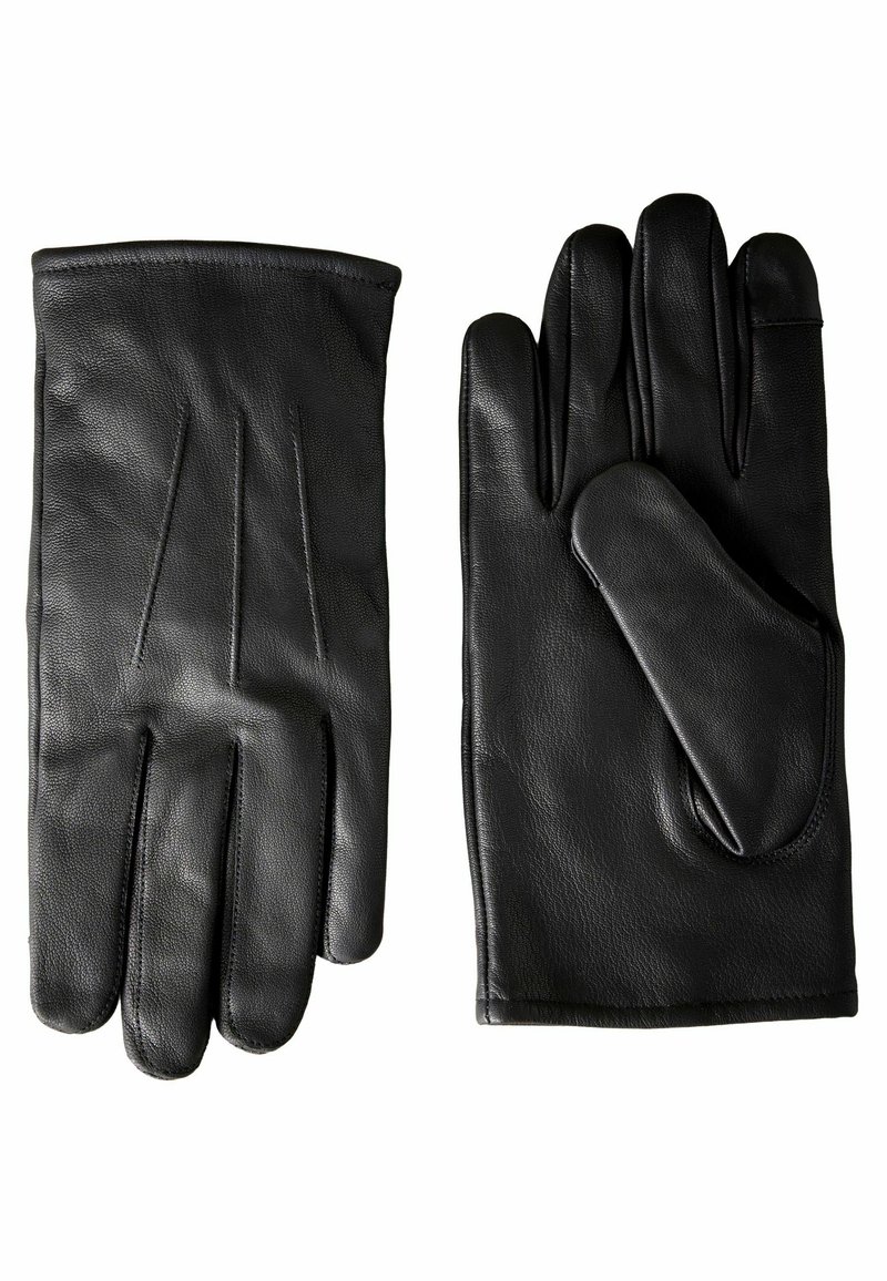 Sorte læderhandsker med en glat overflade, der har tre lodrette sømme på bagsiden og et design med en enkelt tommelfinger og fire fingre.