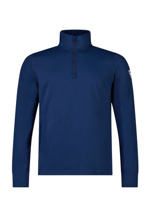 Marineblauer Pullover mit langen Ärmeln, Viertel-Reißverschluss am Kragen und kleinem Logo am linken Ärmel.