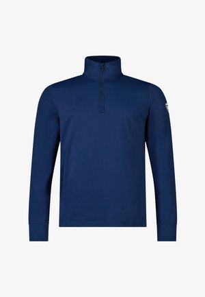 Marineblauer Pullover mit langen Ärmeln, Viertel-Reißverschluss am Kragen und kleinem Logo am linken Ärmel.