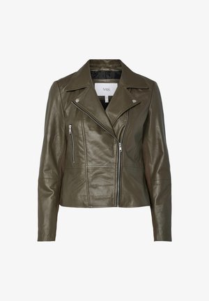Olivenfarget lær bikerjakke med glidelås foran og sidelommer, med spiss krage og jevn tekstur.