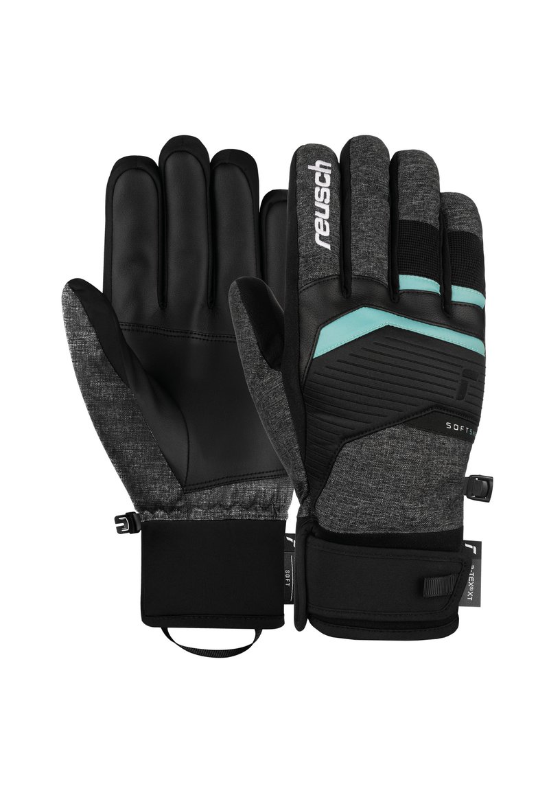 Schwarze und graue Winterhandschuhe mit Lederpalmen, strukturierten Stoffrücken, aquafarbenen Akzenten und verstellbaren Handgelenkriemen. Größenschild sichtbar.