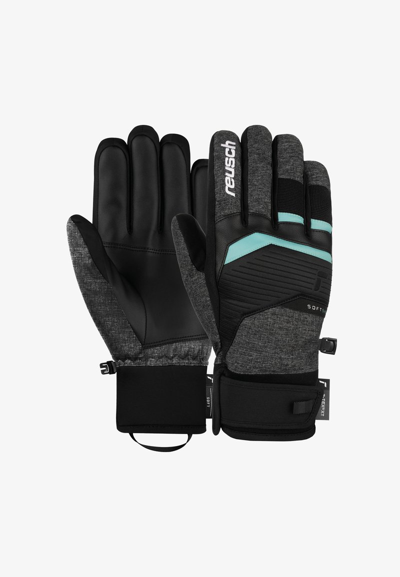 Schwarze und graue Winterhandschuhe mit Lederpalmen, strukturierten Stoffrücken, aquafarbenen Akzenten und verstellbaren Handgelenkriemen. Größenschild sichtbar.