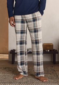 Beige, blaue und graue kariert Loungehosen mit einem entspannten Schnitt und Seitentaschen. Hergestellt aus weichem, leichtem Stoff.