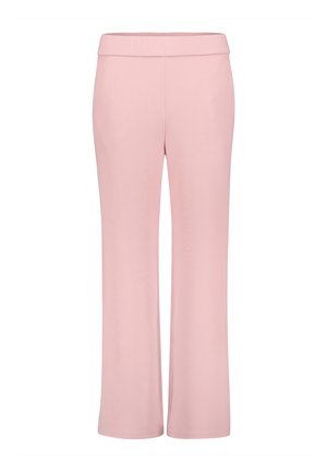 Pantalon ample taille haute rose clair avec une ceinture lisse, sans poches ni fermetures visibles.