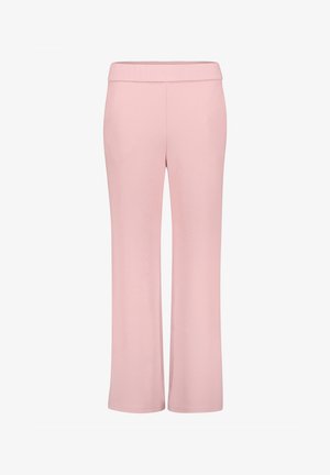 Lichtroze, hoog getailleerde broek met wijde pijpen, een gladde tailleband en geen zichtbare zakken of sluitingen.