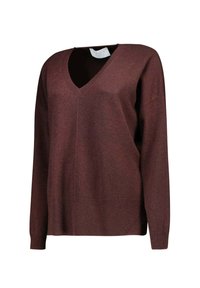 Maglione color bordeaux con scollo a V realizzato in tessuto morbido. Caratterizzato da maniche lunghe, vestibilità comoda e dettagli a coste su polsini e orlo.